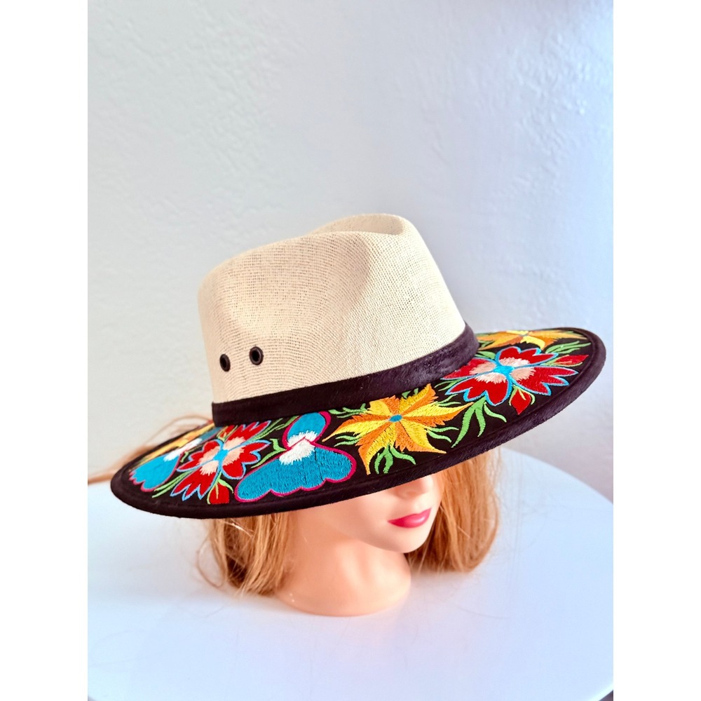 Artisanal Embroidered Straw Fedora Hat Vibrant Floral Boho Med. Coastal Cowgirl
